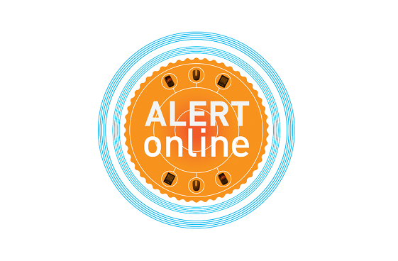 Logo Alert Online, met oranje en blauwe cirkels