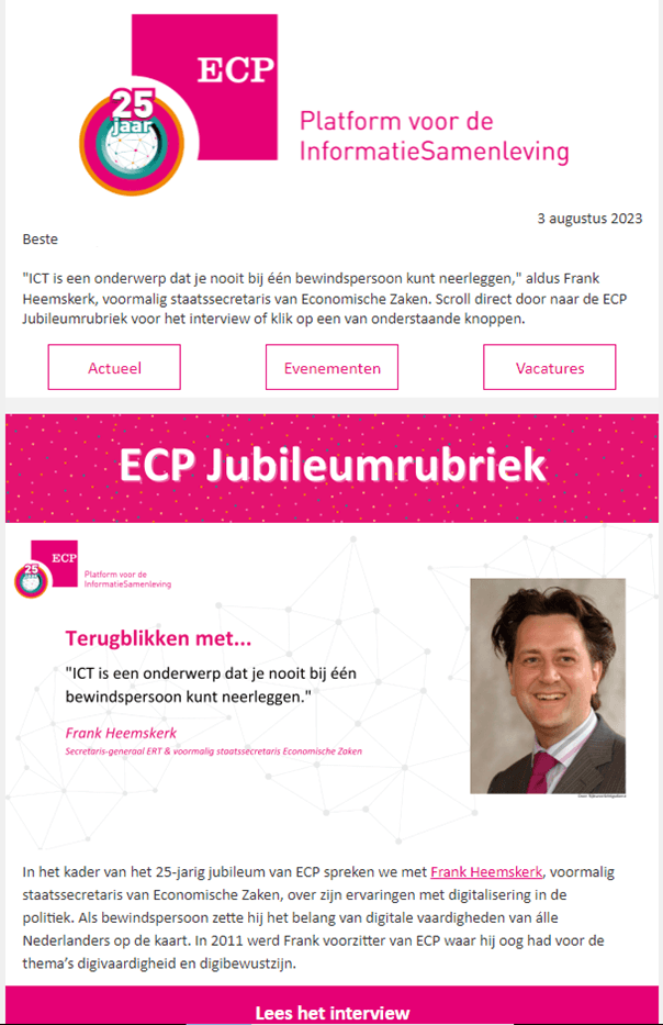 Screenshot van de ECP Nieuwsbrief