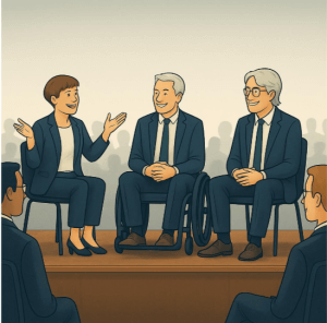 3 mensen die aan het overleggen zijn voor een publiek.