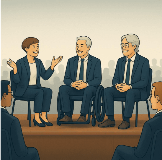 3 mensen die aan het overleggen zijn voor een publiek.