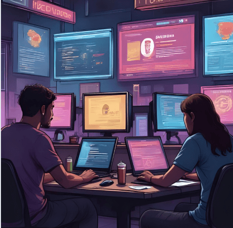 2 personen met veel beeldschermen voor hun terwijl ze aan het typen zijn