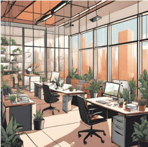 een kantoor met veel planten en rust