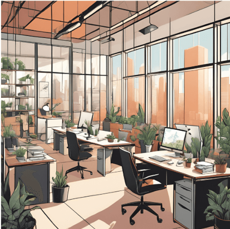 een kantoor met veel planten en rust