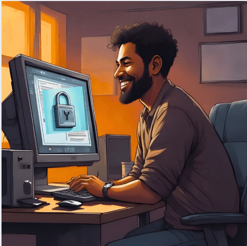 een man die kijkt naar zijn scherm waarop een groot slot te zien is