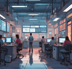 ruimte waarin mensen aan het werk zijn. er veel schermen aanwezig en een persoon staart ernaar