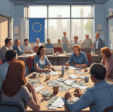 een groep mensen die aan het vergaderen zijn met een vlag op achtergrond