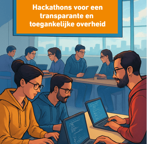 Groep mensen werken samen achter laptop tijdens hackathon.