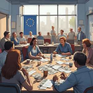 Afbeelding met mensen aan tafel en een vlag van Europa